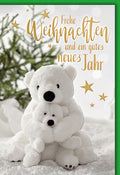 Weihnachtskarte Tiere – Kuschelige Eisbären mit Tannenbaum und goldenen Sternen