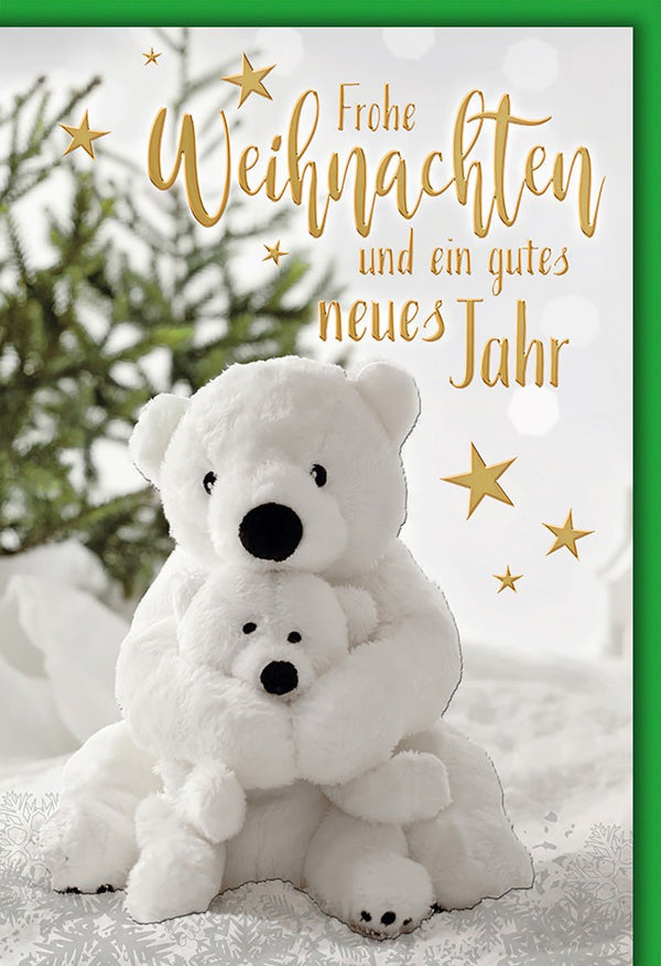 Weihnachtskarte Tiere – Kuschelige Eisbären mit Tannenbaum und goldenen Sternen