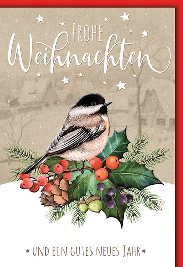 Weihnachtskarte Tiere – Meise auf Tannenzweig mit Beeren und Vintage - Hintergrund