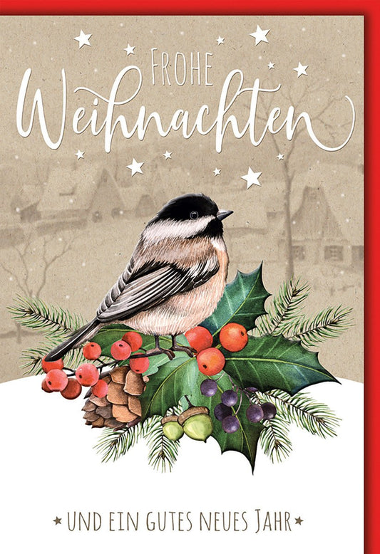 Weihnachtskarte Tiere – Meise auf Tannenzweig mit Beeren und Vintage - Hintergrund