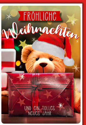 Weihnachtskarte Tiere – Niedlicher Teddybär mit Geschenken und festlichem Design