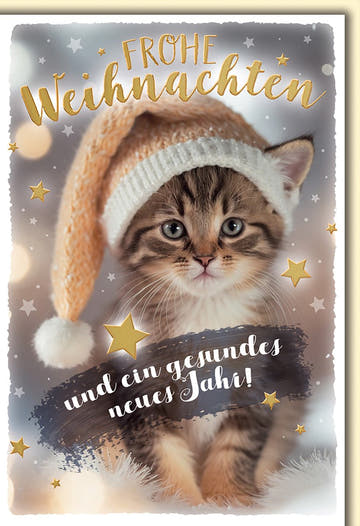 Weihnachtskarte Tiere – Niedliches Kätzchen mit Mütze und Sternen in festlichem Design