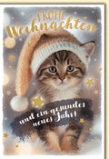 Weihnachtskarte Tiere – Niedliches Kätzchen mit Mütze und Sternen in festlichem Design