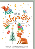 Weihnachtskarte Tiere – Rentier mit Geschenken und Eichhörnchen im Aquarellstil