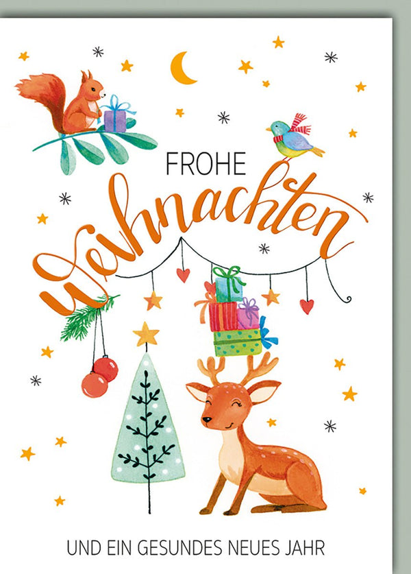Weihnachtskarte Tiere – Rentier mit Geschenken und Eichhörnchen im Aquarellstil