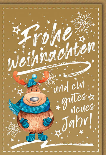 Weihnachtskarte Tiere – Rentier mit Mütze und Schal auf braunem Hintergrund