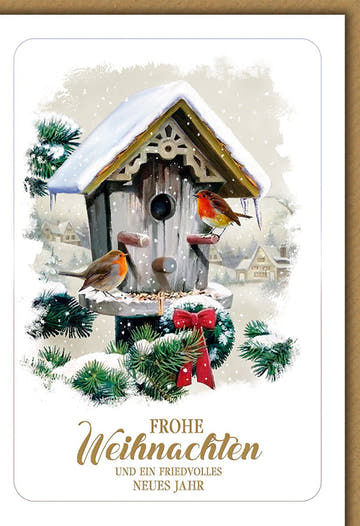 Weihnachtskarte Tiere – Rotkehlchen am Vogelhaus mit verschneiter Winterlandschaft