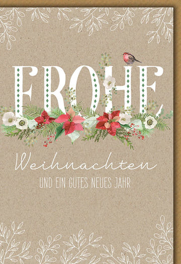 Weihnachtskarte Tiere – Rotkehlchen auf Blumenkranz mit Naturpapier - Optik