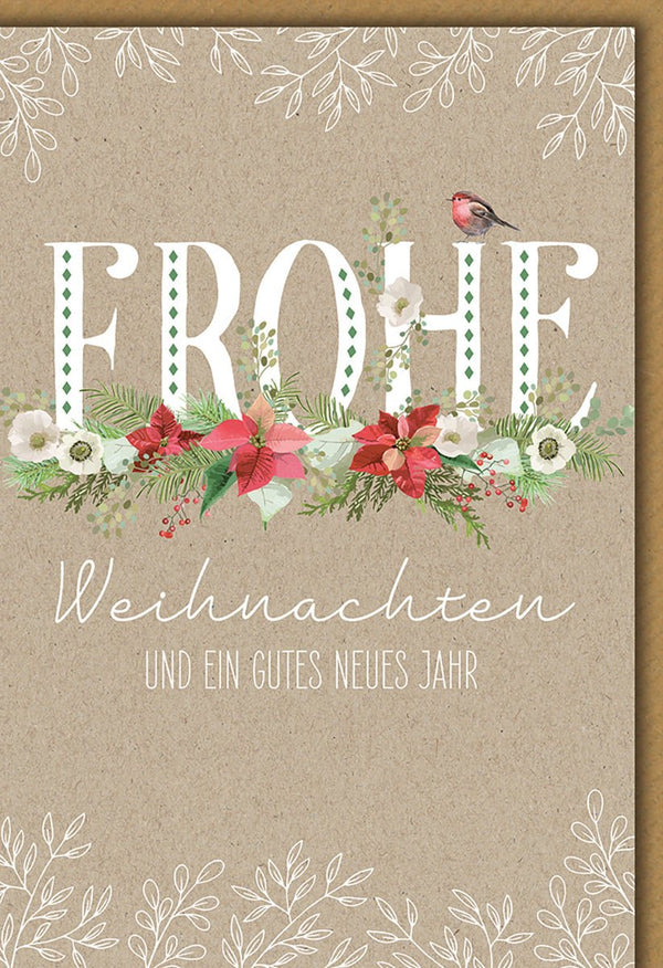 Weihnachtskarte Tiere – Rotkehlchen auf Blumenkranz mit Naturpapier-Optik