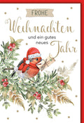 Weihnachtskarte Tiere – Rotkehlchen mit Brief und Tannenzweigen in Aquarelloptik