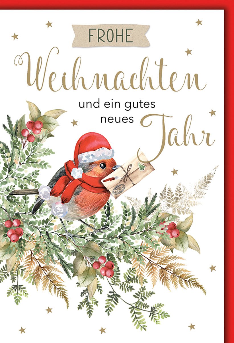 Weihnachtskarte Tiere – Rotkehlchen mit Brief und Tannenzweigen in Aquarelloptik