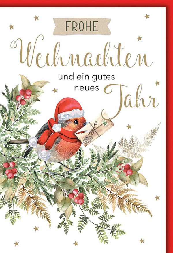 Weihnachtskarte Tiere – Rotkehlchen mit Brief und Tannenzweigen in Aquarelloptik