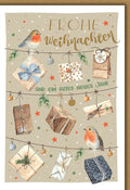 Weihnachtskarte Rotkehlchen mit Geschenken und festlichen Sternen-Design