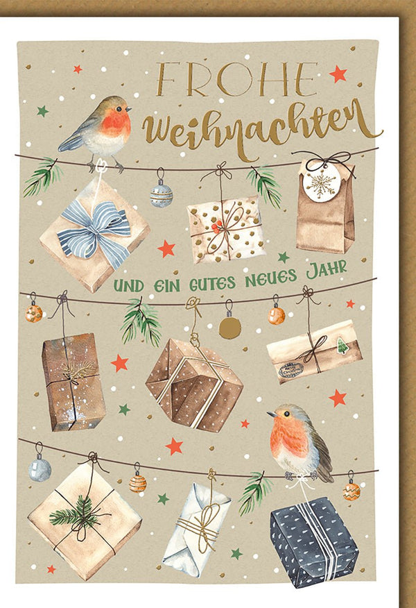 Weihnachtskarte Rotkehlchen mit Geschenken und festlichen Sternen-Design