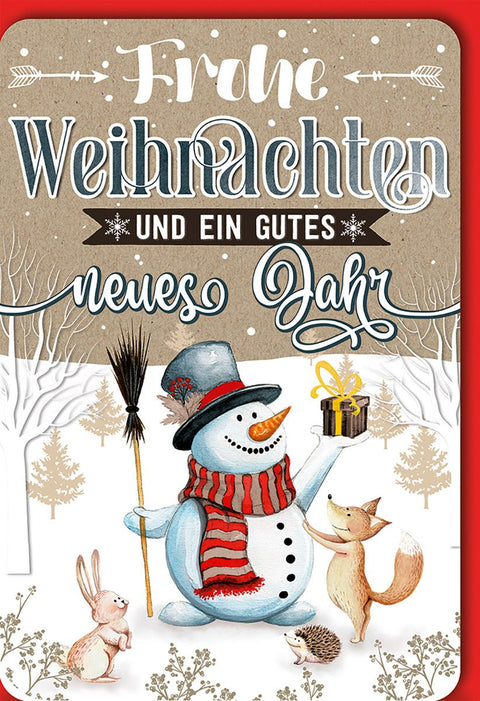 Weihnachtskarte Tiere – Schneemann mit Fuchs und Geschenk im Wald - Design