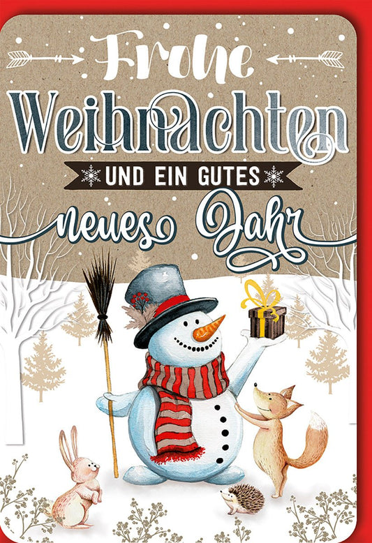 Weihnachtskarte Tiere – Schneemann mit Fuchs und Geschenk im Wald - Design