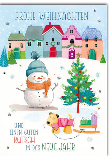 Weihnachtskarte Tiere – Schneemann mit Hund und bunte Häuser im Aquarellstil