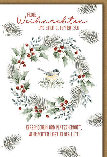 Weihnachtskarte Tiere – Vogel im Kranz mit Tannenzweigen und Beeren - Illustration