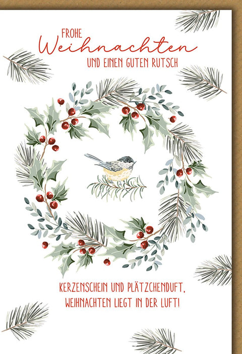 Weihnachtskarte Tiere – Vogel im Kranz mit Tannenzweigen und Beeren - Illustration