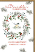 Weihnachtskarte Vogel im Kranz mit Tannenzweigen und Beeren-Illustration