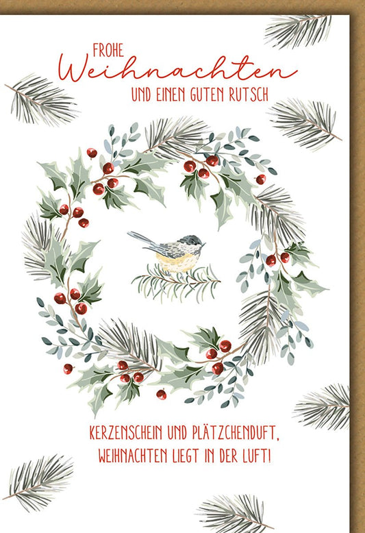 Weihnachtskarte Tiere – Vogel im Kranz mit Tannenzweigen und Beeren - Illustration
