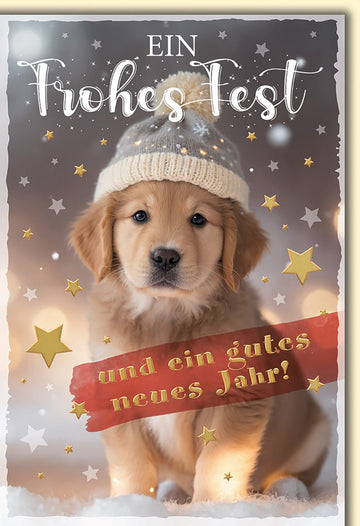 Weihnachtskarte Tiere – Welpe mit Mütze und Sternen in festlichem Design