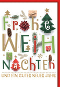 Weihnachtskarte Traditionell – Bunte Buchstaben mit Tannenzapfen und Geschenken