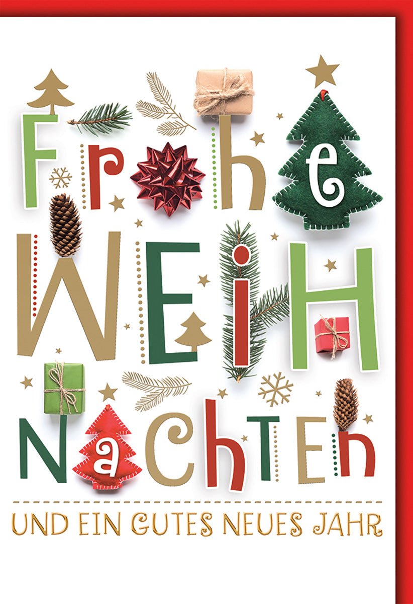 Weihnachtskarte Traditionell – Bunte Buchstaben mit Tannenzapfen und Geschenken