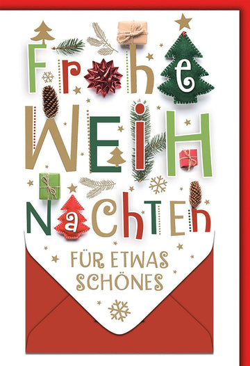 Weihnachtskarte Traditionell – Bunte Buchstaben mit Tannenzweigen und Geschenkdetails