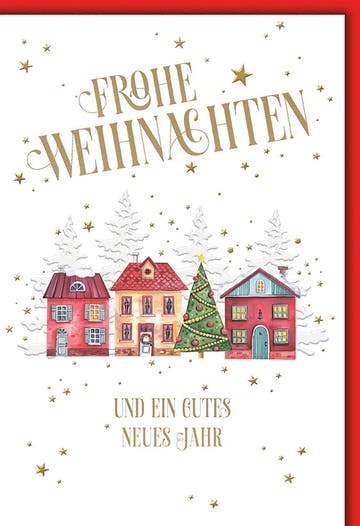 Weihnachtskarte Traditionell – Bunte Häuserreihe mit Tannenbaum und Goldsternen