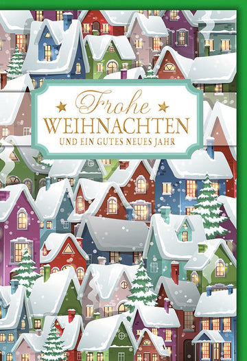 Weihnachtskarte Traditionell – Bunte Winterhäuser mit Schneefall und festlichem Gruß
