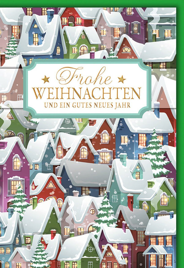 Weihnachtskarte Traditionell – Bunte Winterhäuser mit Schneefall und festlichem Gruß