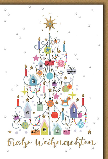 Weihnachtskarte Traditionell – Bunter Weihnachtsbaum mit Häusern und Kerzen in Aquarell