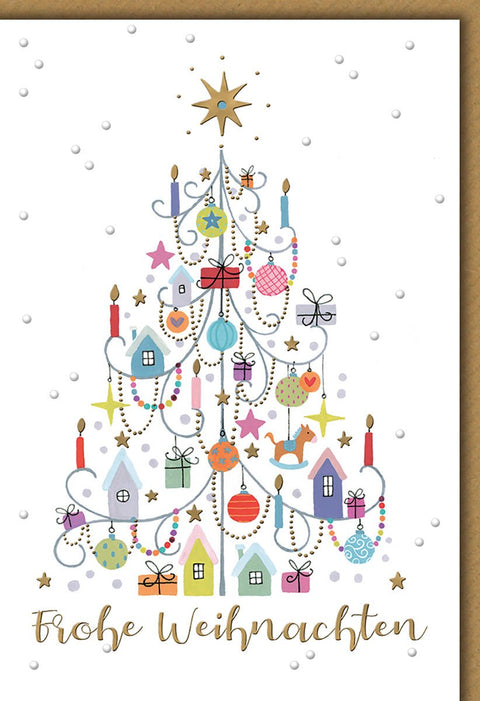 Weihnachtskarte Traditionell – Bunter Weihnachtsbaum mit Häusern und Kerzen in Aquarell