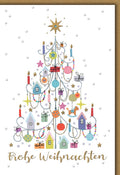 Weihnachtskarte Traditionell – Bunter Weihnachtsbaum mit Häusern und Kerzen in Aquarell