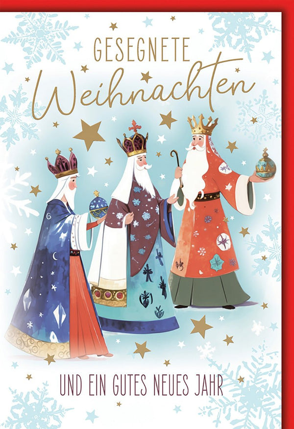 Weihnachtskarte Traditionell – Drei Könige mit Sternen und Schneeflocken in Aquarell