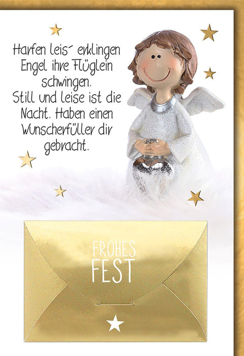 Weihnachtskarte Traditionell – Engel mit Harfe und Goldakzenten auf Wolkenhintergrund