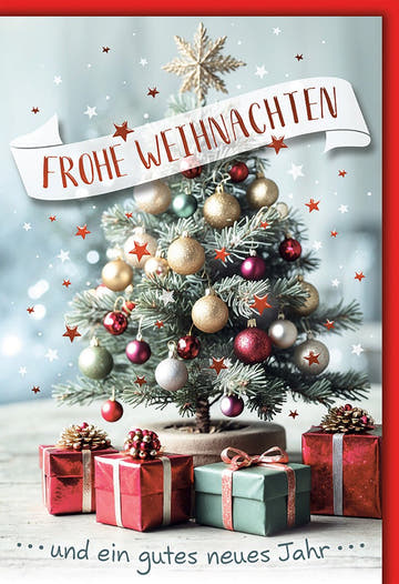 Weihnachtskarte Traditionell – Festlicher Tannenbaum mit Geschenken und Sternendekor