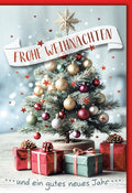 Weihnachtskarte Traditionell – Festlicher Tannenbaum mit Geschenken und Sternendekor