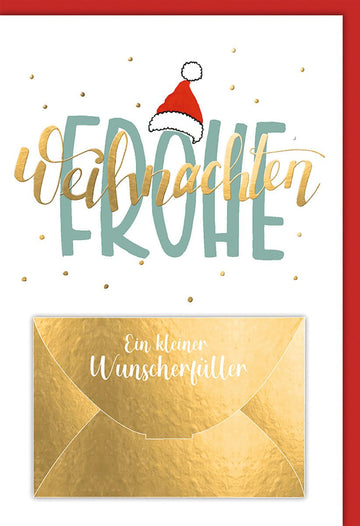 Weihnachtskarte Traditionell – Frohe Weihnachten mit Goldakzenten und roter Mütze