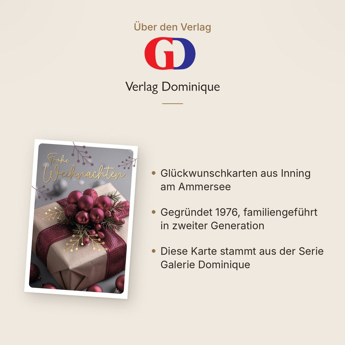 Weihnachtskarte Traditionell – Geschenkpaket mit roten Kugeln und Tannenzweigen
