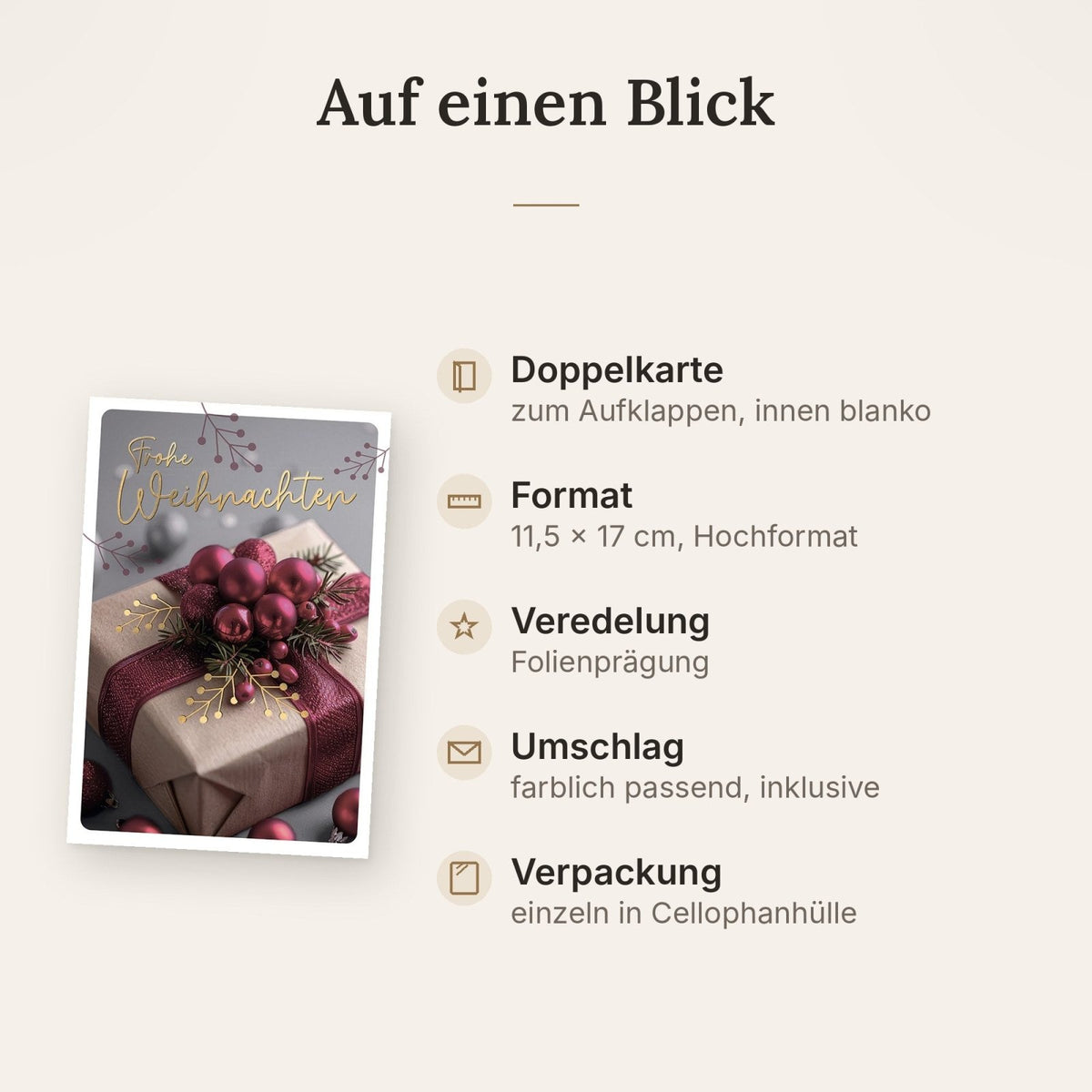 Weihnachtskarte Traditionell – Geschenkpaket mit roten Kugeln und Tannenzweigen