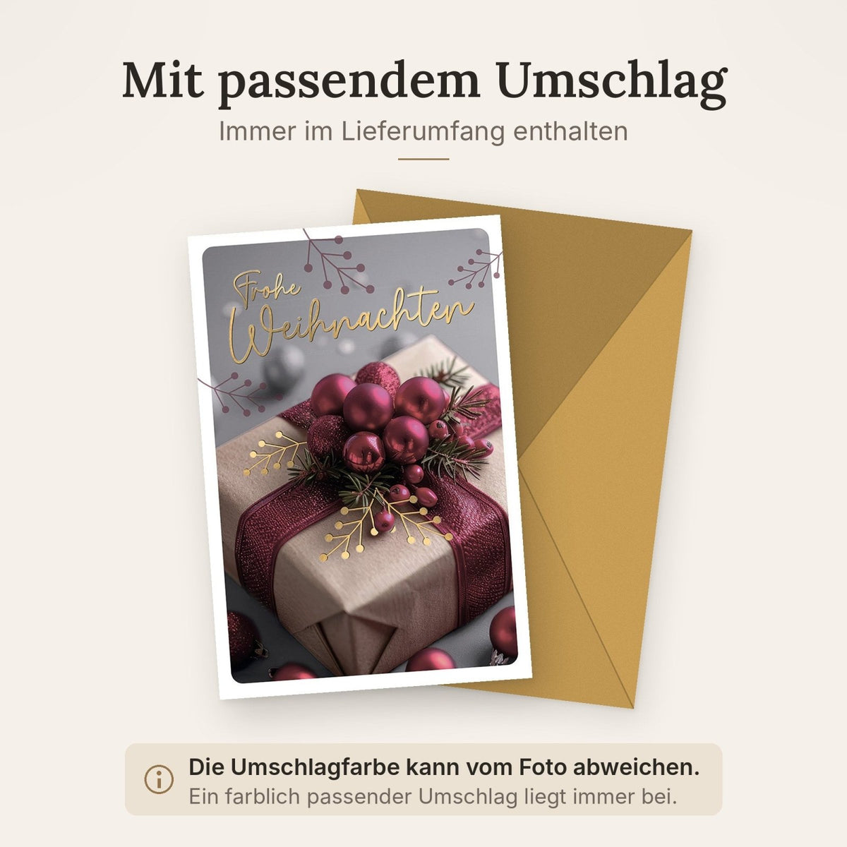 Weihnachtskarte Traditionell – Geschenkpaket mit roten Kugeln und Tannenzweigen