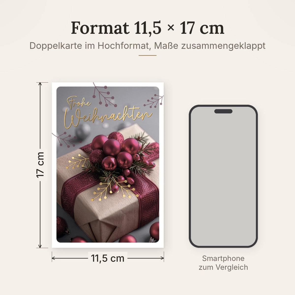 Weihnachtskarte Traditionell – Geschenkpaket mit roten Kugeln und Tannenzweigen