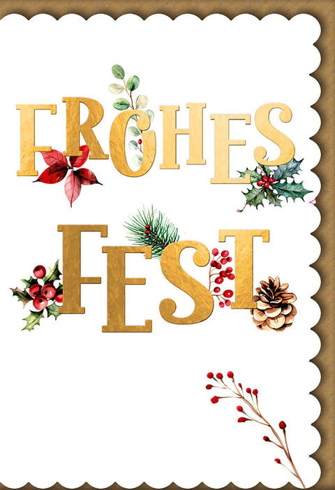 Weihnachtskarte Traditionell – Goldene Buchstaben mit Stechpalme und Tannenzapfen