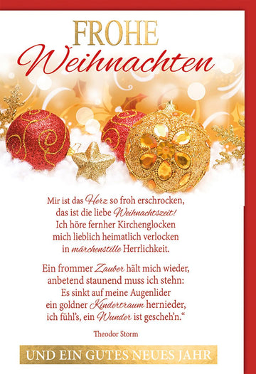 Weihnachtskarte Traditionell – Goldene Kugeln mit Theodor Storm Zitat und Glitzerakzenten