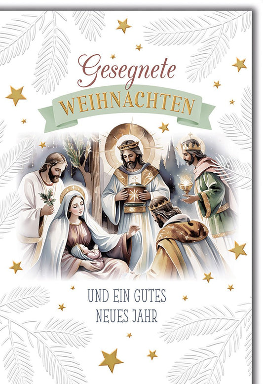 Weihnachtskarte Traditionell – Heilige Familie mit Sternen und Tannenzweigen
