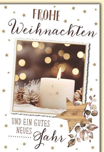 Weihnachtskarte Traditionell – Kerze mit Tannenzapfen und Sternen in Vintage - Optik