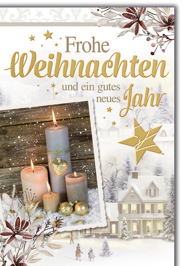 Weihnachtskarte Traditionell – Kerzenarrangement mit Winterlandschaft und Goldsternen