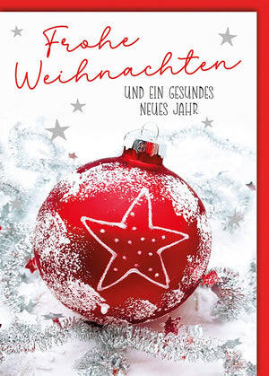 Weihnachtskarte Traditionell – Rote Kugel mit Stern und Schneeglitzer-Design